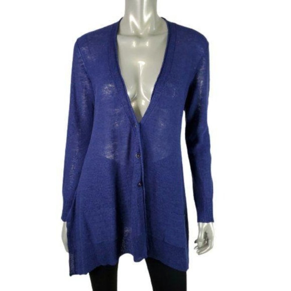 Eileen Fisher Cardigan XS Button Up Sweater 100% Linen Pockets Side Slits Purple